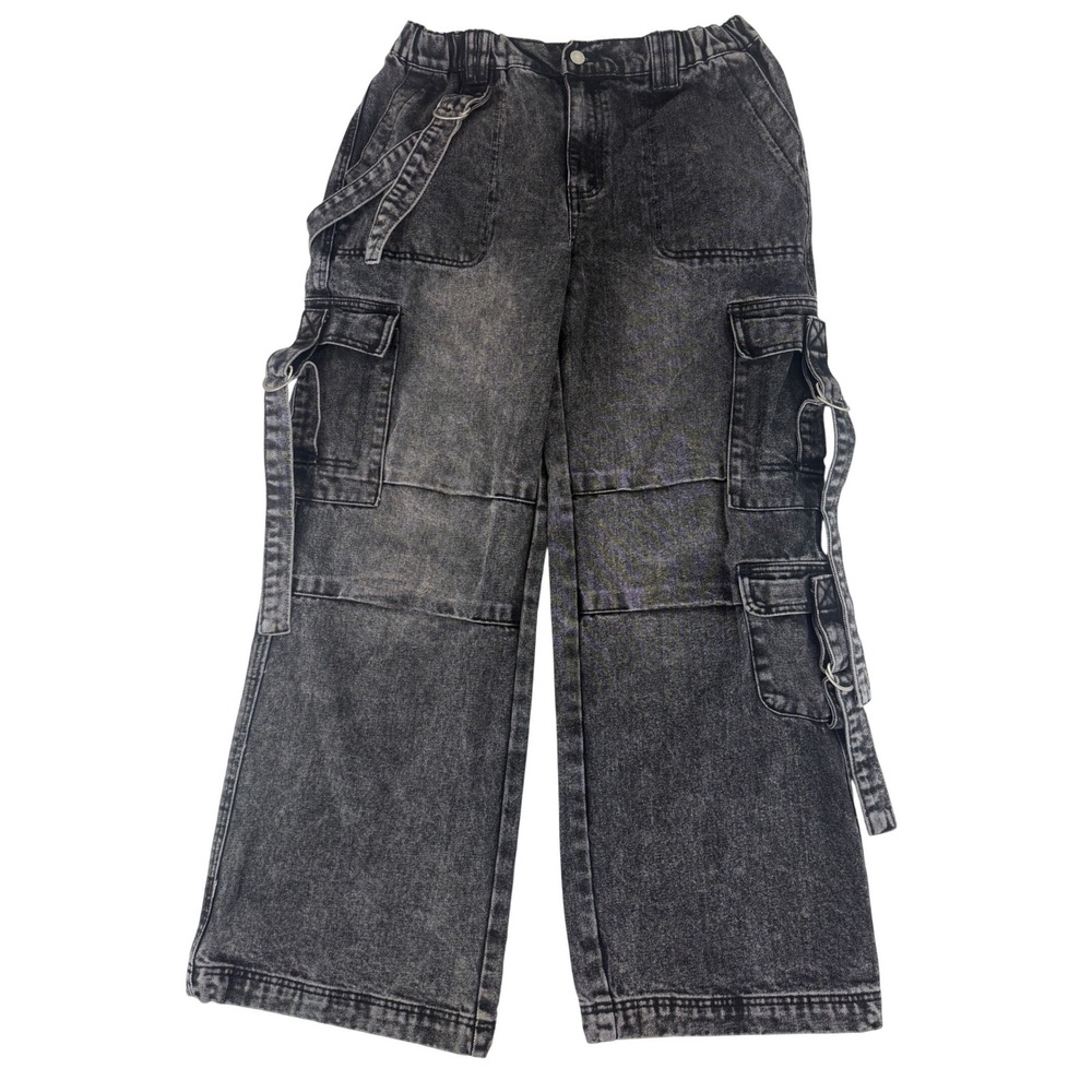 Riley & James Cargo Pants‎ Womens Large Black Acid Wash Wide Leg D-Ring Straps